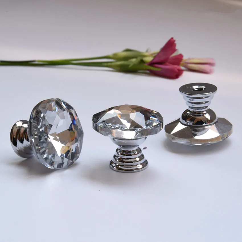 25mm glass crystal drawer shoe cabinet decoration box samll knobs pulls silver chrome Mini handles