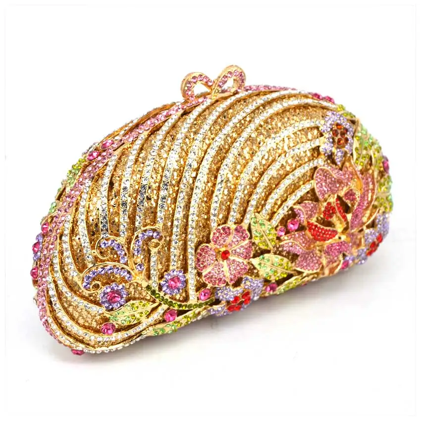 Handbags Women Famous Lotus Rhinestone Clutch Purses Wholesale Bags For Women gold evening bag