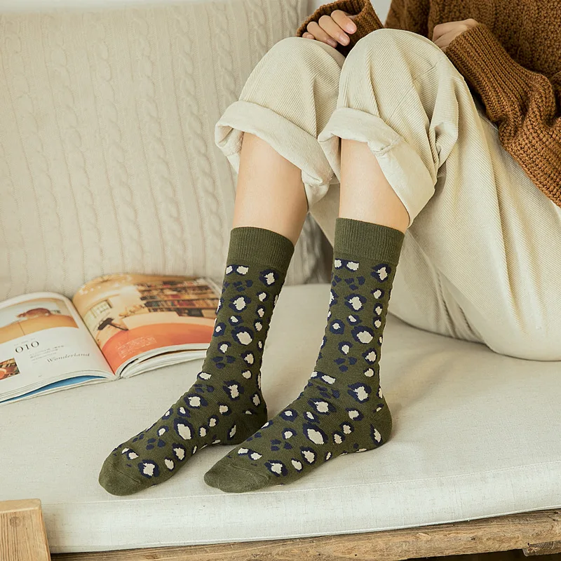 10Pcs=5Pairs/Lot Leopard Print Socks Women Autumn Winter Korean Warm Pure Cotton Socks Set Streetwear Mid-Tube Socks Chaussettes