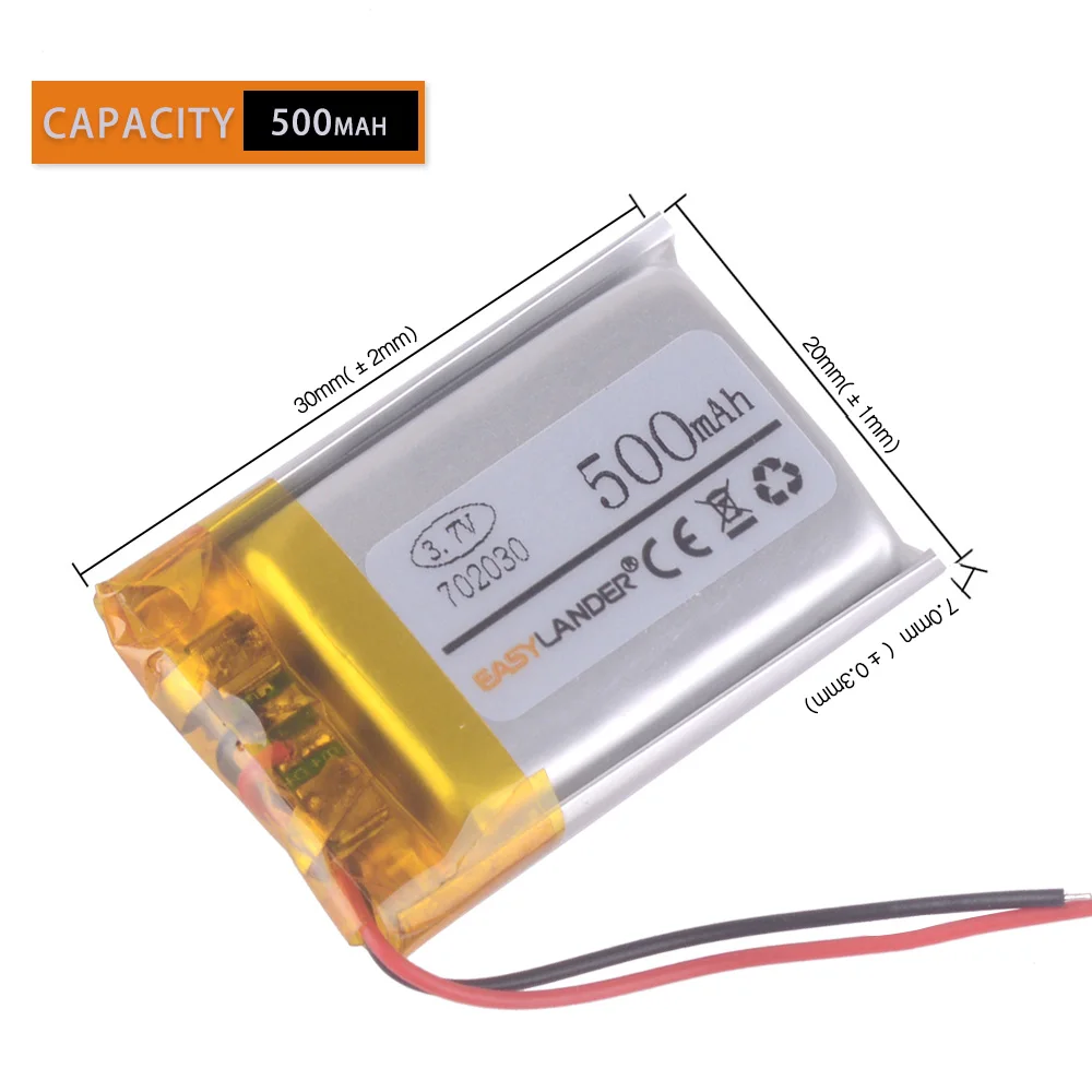 Polymer lithium battery 3.7 V, 702030 500MAH for headlamp with q5 led remote control recorder Smart Watch DVR