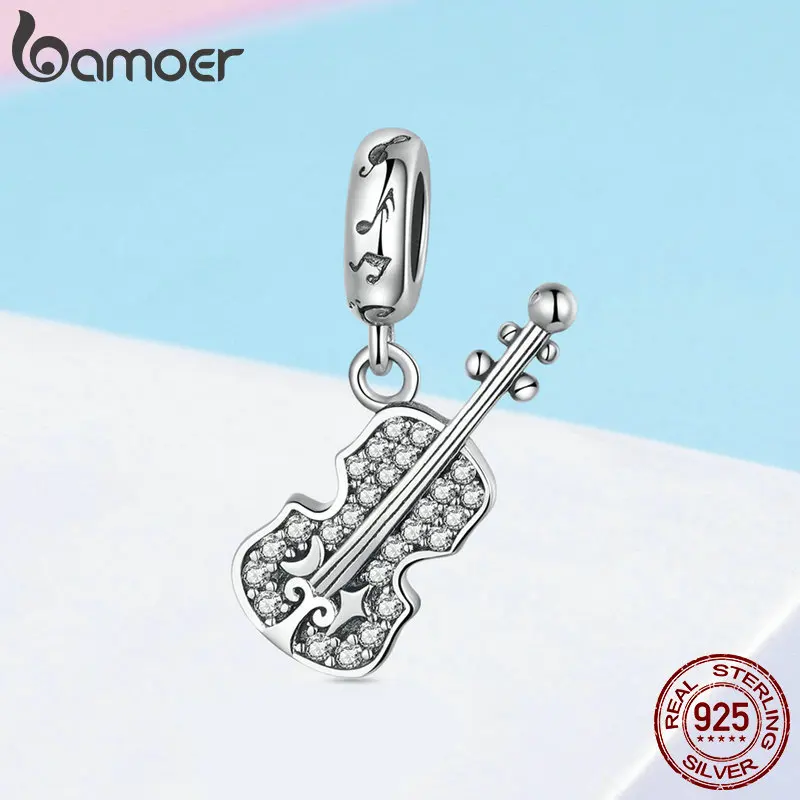 BAMOER New Collection 925 Sterling Silver Violin Shape Clear CZ Charms Beads fit Original Bracelet Bangle Jewelry Making SCC1078