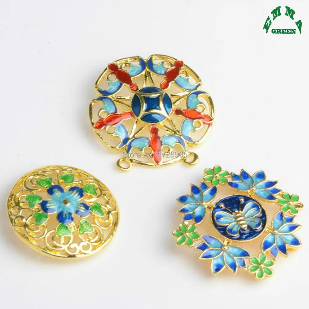 Ethnic Enamel round Flower Ornaments 5pcs 32mm Gold Color Flora Boutique Bouquet Charm Pendant with Back Hole