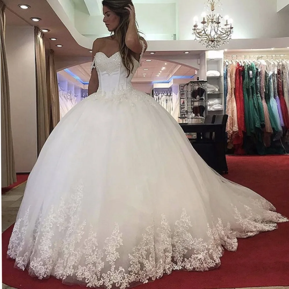 Vestido De Noiva Lace Appliques Princess Ball Gown Ivory Robe De Mariage Wedding Party Dress