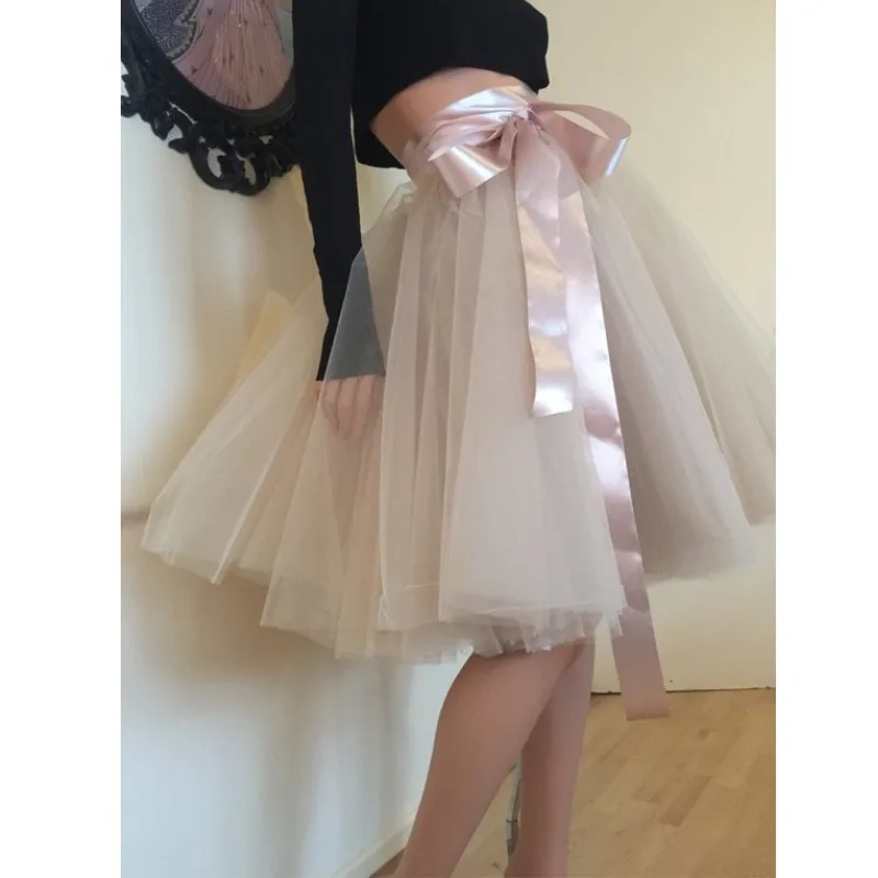 Puffy Champagne Midi Tulle Skirts Women With Ribbion Sash Bow Pretty Bridesmaid Tulle Skirt Female Zipper Bottom Custom Made