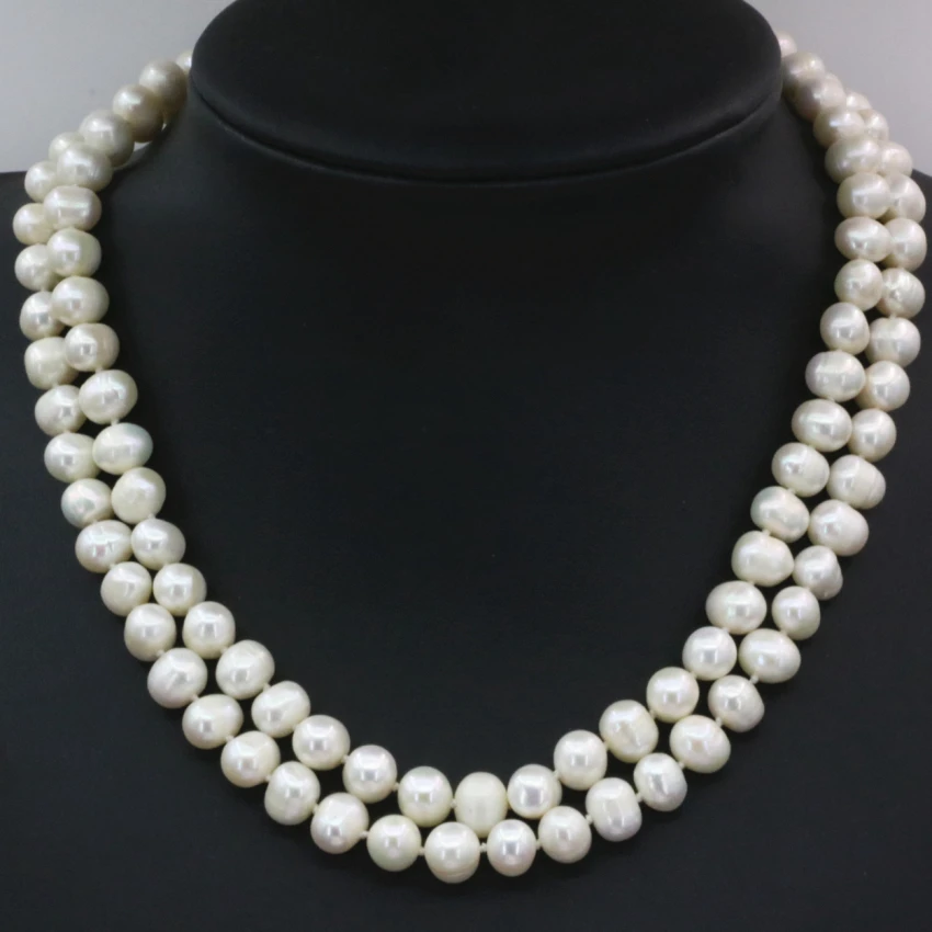 Natural white freshwater cultured 8-9mm pearl beads necklace for women 2 rows chain hot sale gifts choker jewelry 18inch B3229