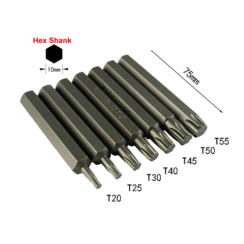 75mm Long 10mm Shank Hex Heavy Duty Impact precision screwdriver Loosen Screws Torx Screwdriver Bit T20 T25 T30 T40 T45 T50 T55