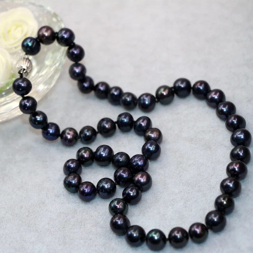 Wholesale price elegant 9-10mm natural freshwater cultured black pearl approx round beads necklace women jewelry B18inch B3021