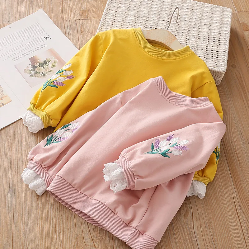 2023 Autumn Spring Casual 2 3 Years 90 100 cm Children\'S Flower Embroidery Patchwork Tops Kids Baby Girl Loose Sweatshirts