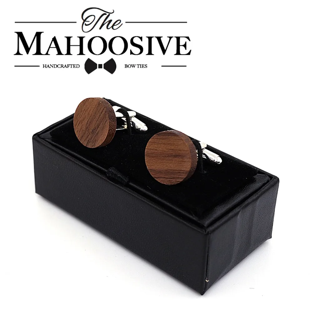 MAHOOSIVE Wooden Cufflinks France Wedding Groom Round Black Walnut Cufflinks For Mens shirt accessories Cuff Links men jewelry