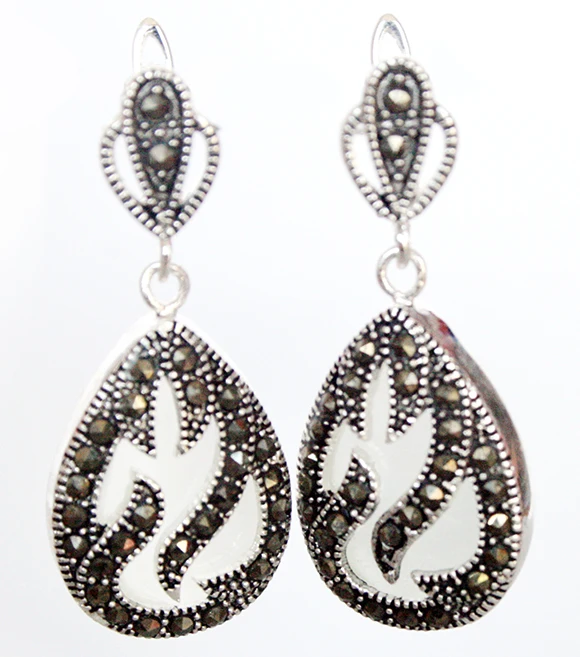 

11/2" late trend 925 Silver & Marcasite inlay white opal Waterdrop Earrings