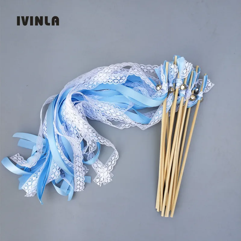 

50Pieces/Lot sky blue lace wedding wands Wedding Ribbon Stick ,ribbon Twirling Streamers for wedding decoration