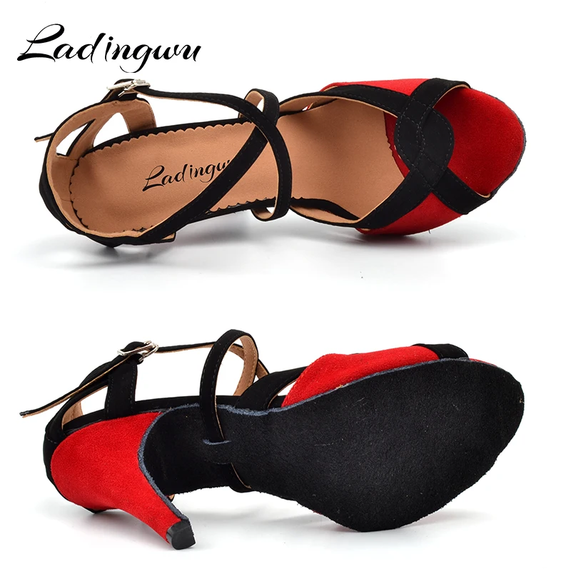 Ladingwu Women Latin Dance Shoes Flannel Salsa Women Ballroom Dancing Shoes For Girls Blue/Red Soft Bottom Indoor Shoes Tango