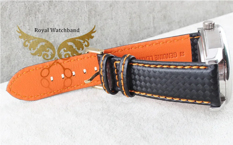 New Arrival!!! 22 Watch Band Waterproof Carbon Fibre Watch Strap with Orange Stitching Leather Lining Stainless Steel Clasp