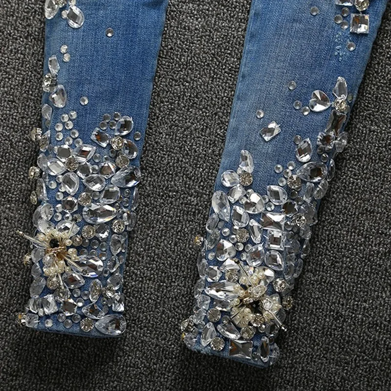 Jean en denim brodé pour femme, pantalon crayon, fusées éclairantes, diamant, perlé, maigre, coupe couvertes, commandé, vintage, luxe, mode