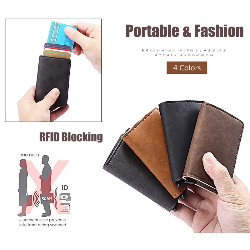 Hot Koop RFID Card Bescherming mannen Lederen Card Case Mini Portemonnee RFID Blokkeren Aluminium ID Credit Card Houder Voor man