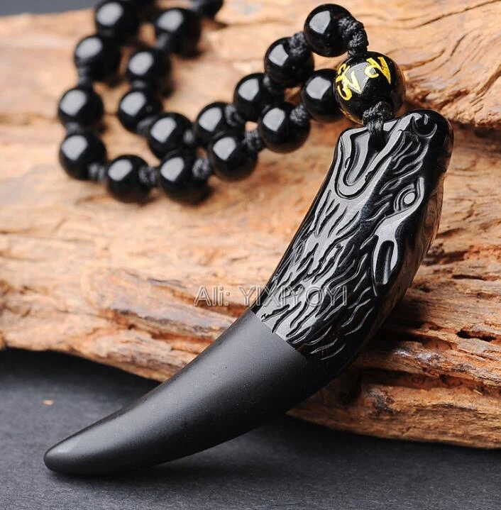 Drop Ship Chinese Handwork Natural Black Obsidian Carved Long Wolf Head Amulet Lucky Pendant + Free Beads Necklace Jewelry