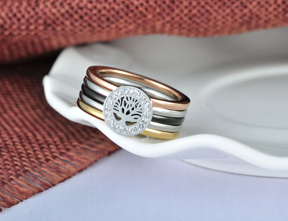 Lokaer Colorful CZ Crystal Tree Rings Jewelry Titanium Steel Wedding Engagement Ring For Women Gift Anneaux R18015