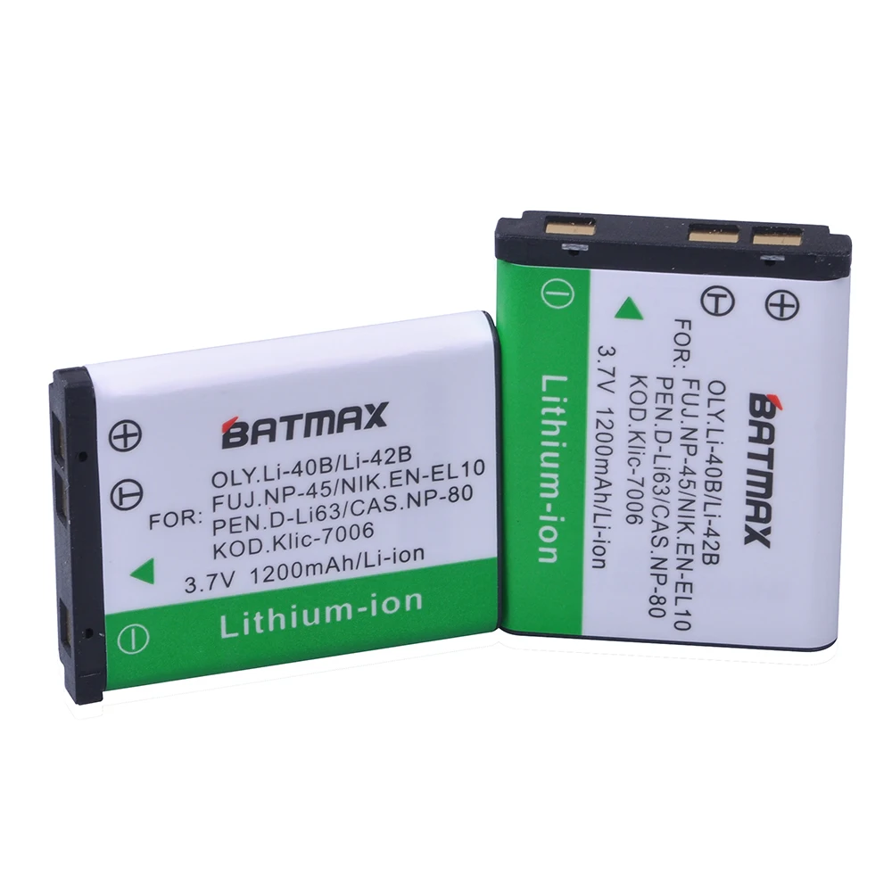 Batmax 2Pcs 1200mAh LI-42B Li-40B LI42B Li 42B 40B Batteries + Dual USB Charger for OLYMPUS U700 U710 FE230 FE340 FE290 FE360