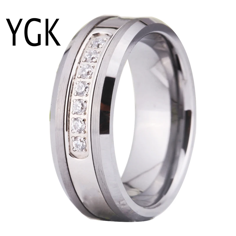 

YGK Brand Jewelry Hot Sales 8MM Silver Beveled With Matte Surface and 7 White CZ Stones Tungsten Ring For Wedding