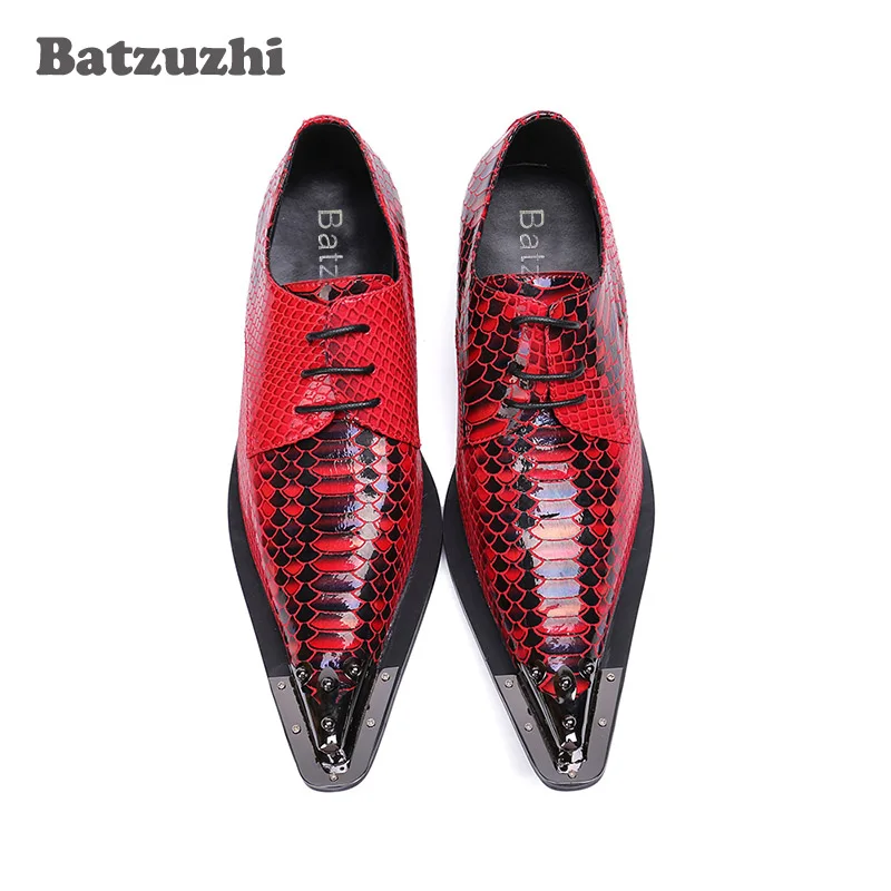 Batzuzhi Western Fashion Men Shoes Scales Pattern Leather Dress Shoes Men Red Wedding Men Shoes Zapatos Hombre Lace-up Metal Tip