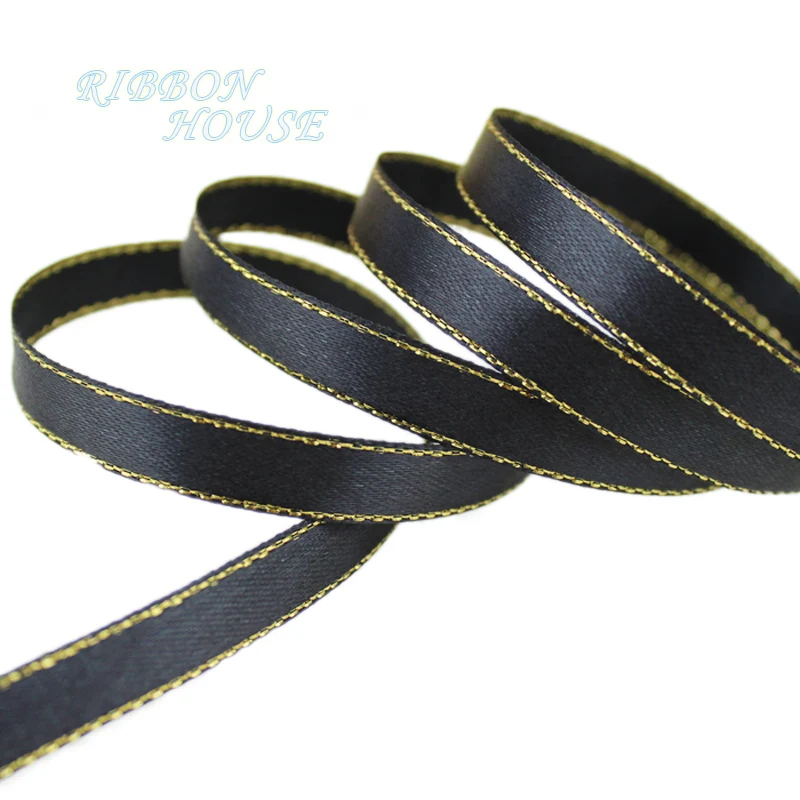 (25 yards/lot)3/8\'\' (10mm) satin ribbons black golden edge ribbon wholesale high quality gift packaging ribbons