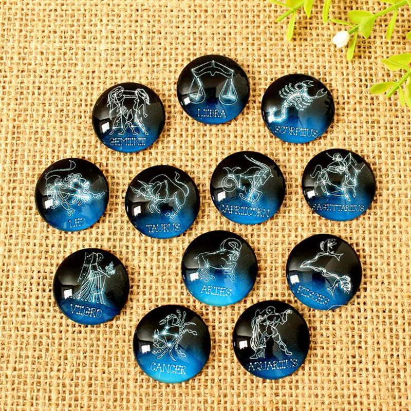 60pcs/lot Mix Twelve Constellations Image Round Cabochon 8mm -35mm Vintage Glass Cabochon Findings