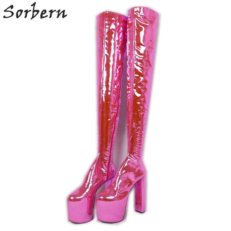 Sorbern Neon Fuchsia Women Boots Over Knee Crotch Thigh High 20Cm Block Heels Custom Wide Calf Platform Long Boots Chunky Heeled