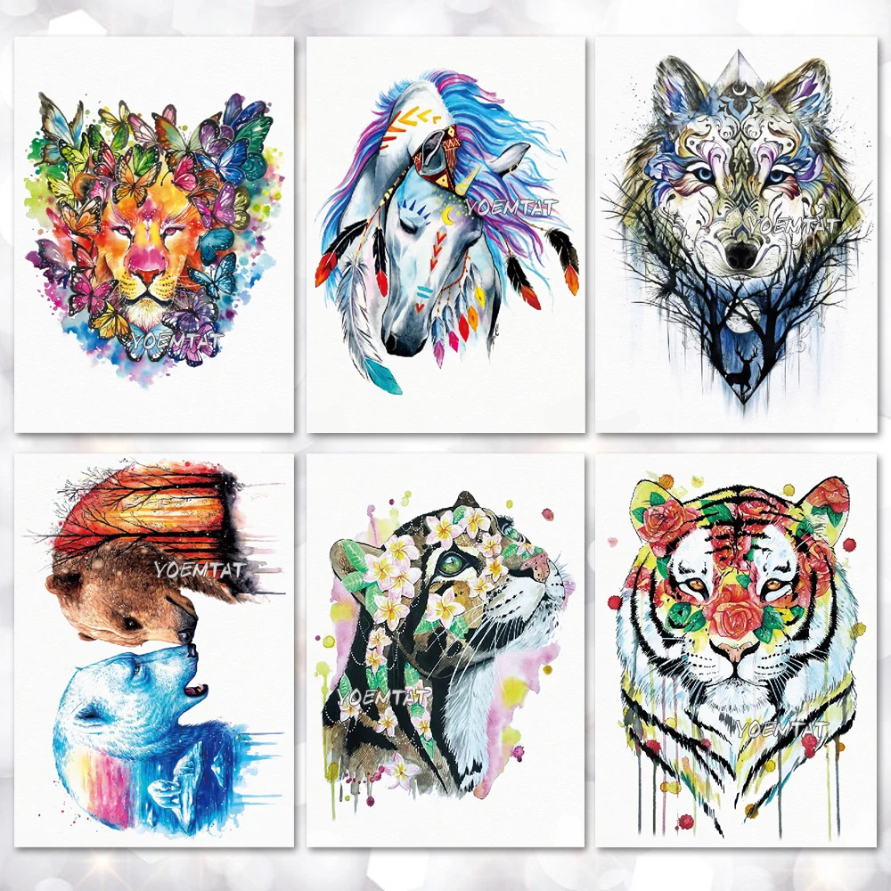 

Watercolor Animal Pattern Temporary Tattoo Stickers Waterproof Women Fake Hand Tattoos Adult Men Body Art