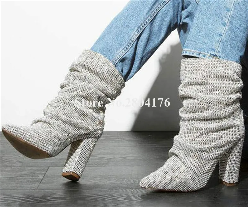 

Women Luxurious Bling Bling Pointed Toe Rhinestone Chunky Heel Short Boots Silver Gold Crystal Thick High Heel Ankle Booties