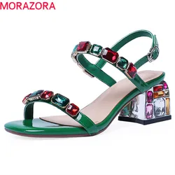 MORAZORA 2024 new arrival patent leather sandals women summer shoes crystal buckle Beach shoes simple party wedding shoes woman