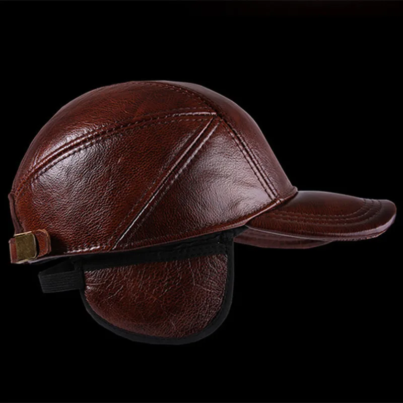 New Winter Men\'s Hat Genuine Leather Cowhide Warm Baseball Caps Adjustable Size Brands Proof Earmuffs Hats Male Bone Leather Cap