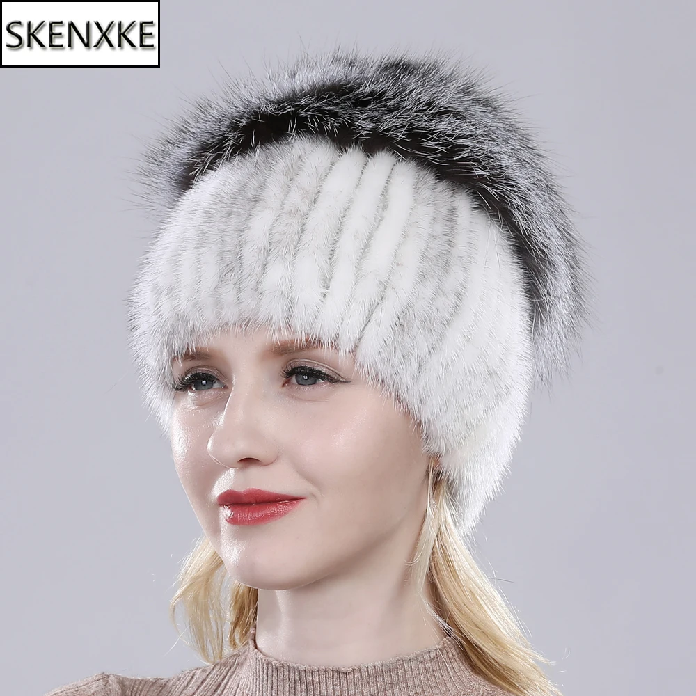 New Women Winter Luxury Hand Knitted Real Mink Fur Hat Natural Warm Top Fox Fur Mink Fur Cap Lady Quality Genuine Mink Fur Hats