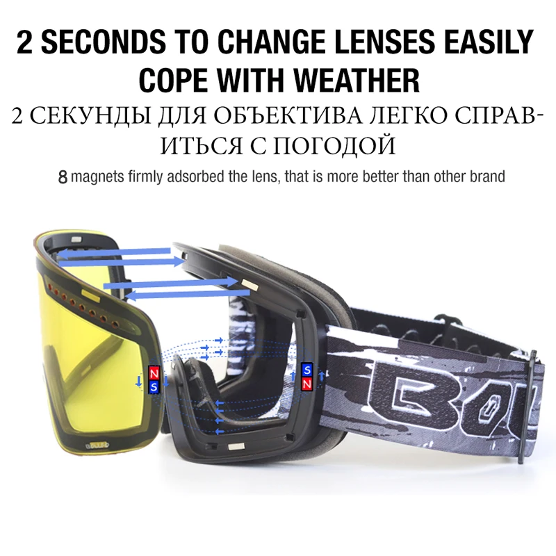 2018 New Magnetic Ski Glasses Double layers mountaineering glasses UV400 Anti-fog Ski Goggles Men Women snowmobile spectacles