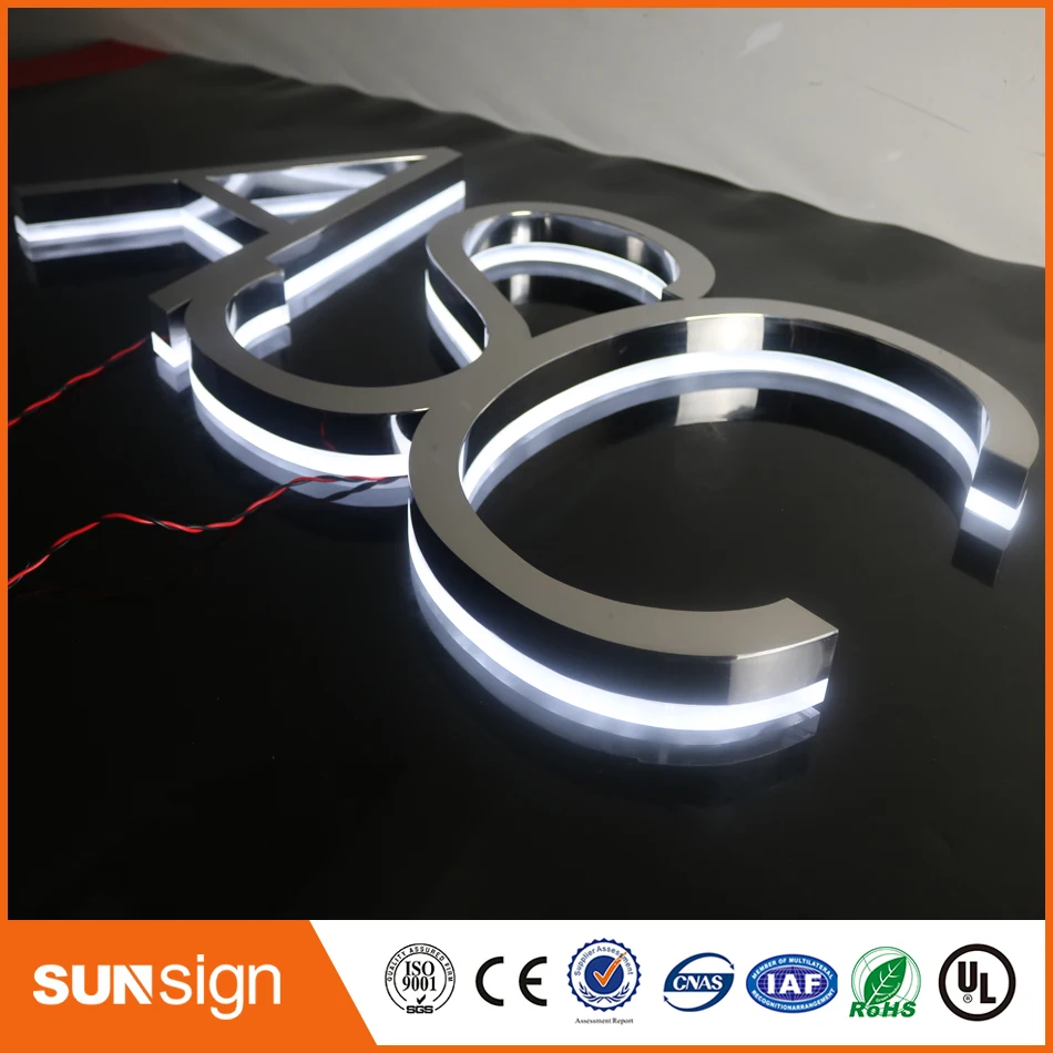 Mirror stainless steel halo-lit letters polished chorme metal letters with white back light exterior business signage letters