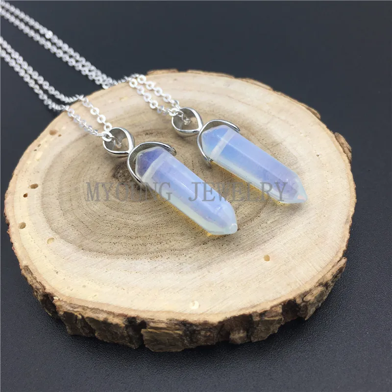 

MY0834 Hexagonal Opal Spike Point Pendant Charm, Hearling Stone Pillar Pendant Necklace Silver Chain