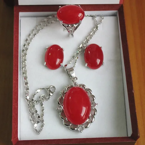 Wholesale 13*18mm silver plated red jadel ring, earrings &pendant fashion jewelry set