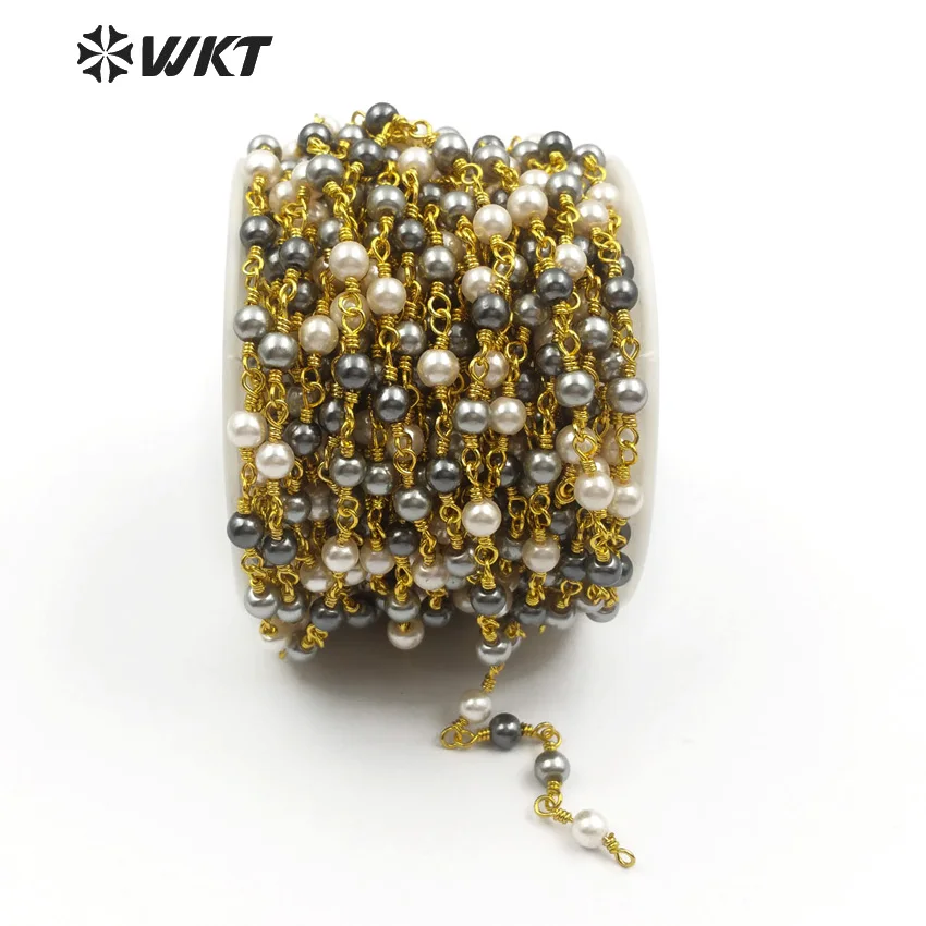 

WT-RBC098 Black and White Color Round Beads Chain 4mm Natural Pearl Rosary Chain For Making Stylish Necklace Bracelet Jewelry