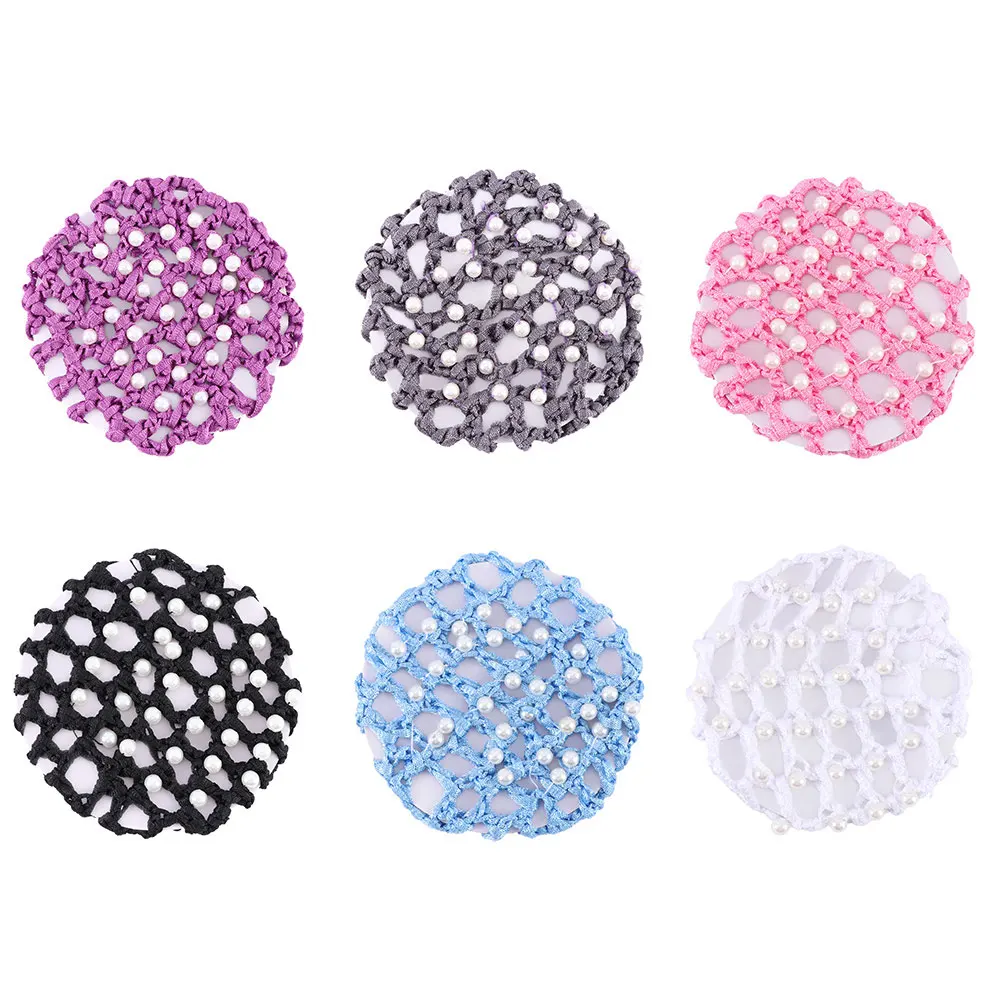 1pc Crochet 6 Colors Mesh Bun Cover with White Pearl Ballet Dance Skating Hair Net Snood for Women accesorios para el cabello