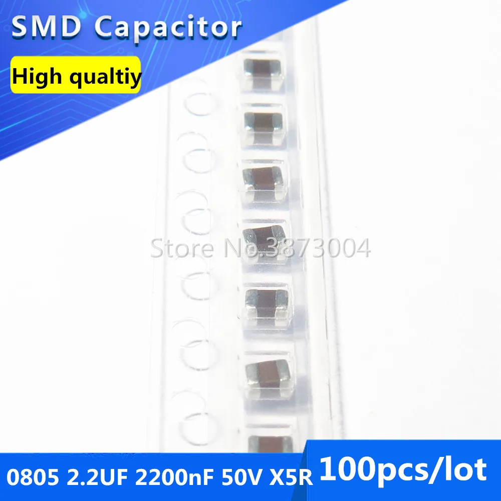 100pcs SMD Thick Film Chip Multilayer Ceramic Capacitor 0805 2.2UF 2200nF 50V X5R 10%