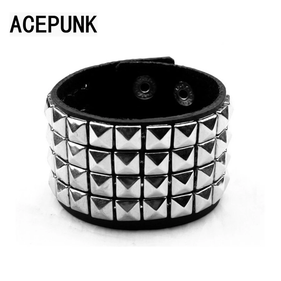 Rivet Wide Bracelet Punk Leather Wristlet Rock 4 Rows Of 9MM Square Nails Wristband Two Buckle Adjustable