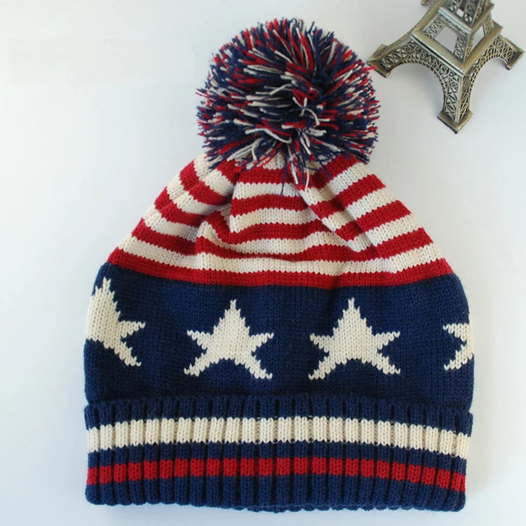 Men Winter Pom Poms ball Knitted Cap For Women Unisex Casual British and American national flag hats Skullies Beanie hat Gorros