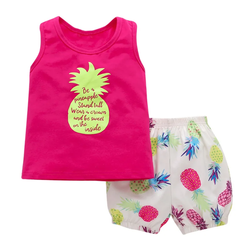 2024 Children girls clothing set fruit pineapple Summer style Tops vest +shorts Toddle Kids girls clothes sets