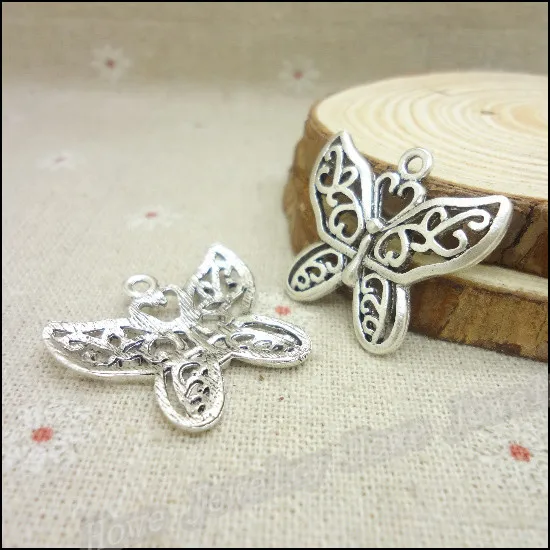 ¡Envío gratis! Colgante de mariposa de plata antigua de 32 piezas, apto para pulseras, collar, fabricación de joyas de Metal DIY