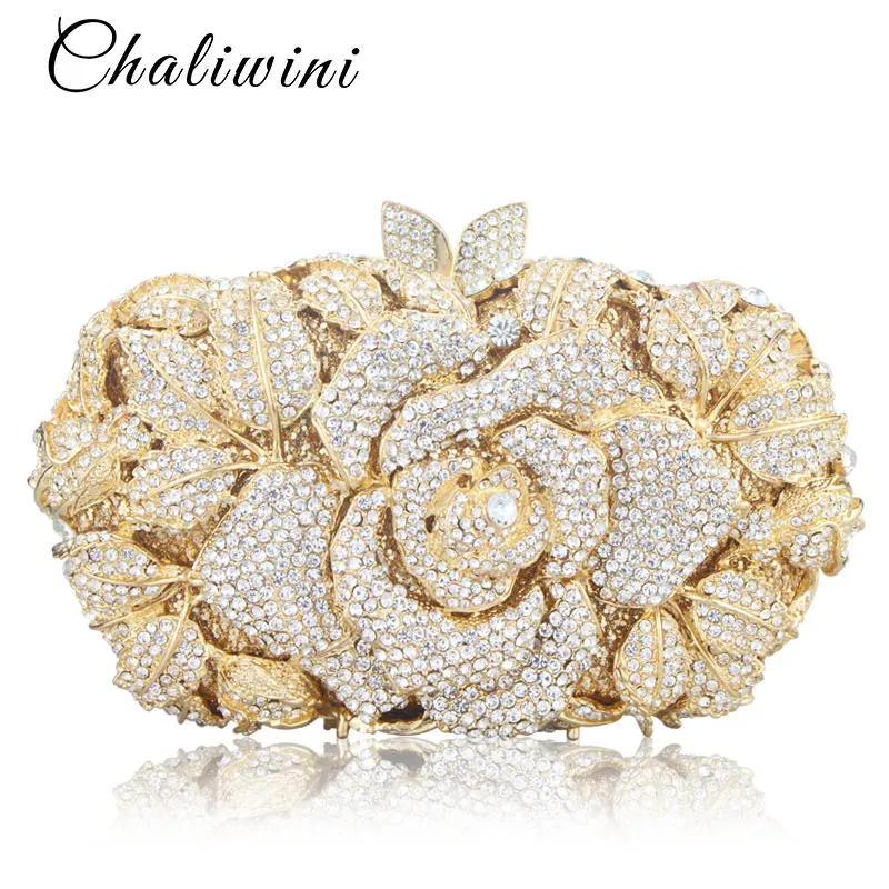 

Luxury Hollow Out Crystal Floral Diamond Evening Clutch Bag Champagne Evening Bag Party Wedding Purse Soiree Pochette Purse