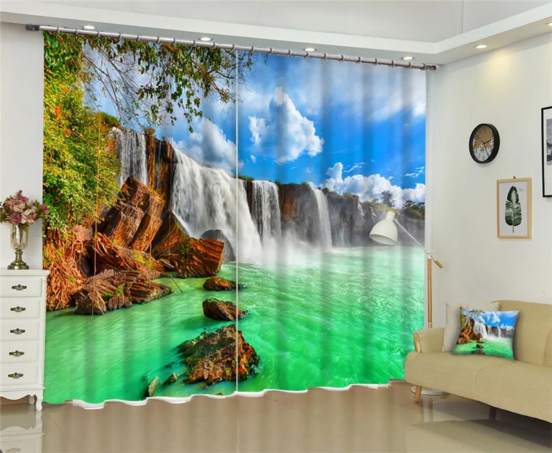 green Waterfall Curtain Luxury Blackout 3D Window Curtain living room Bedroom Cortina Drapes Rideaux Customized size pillowcase