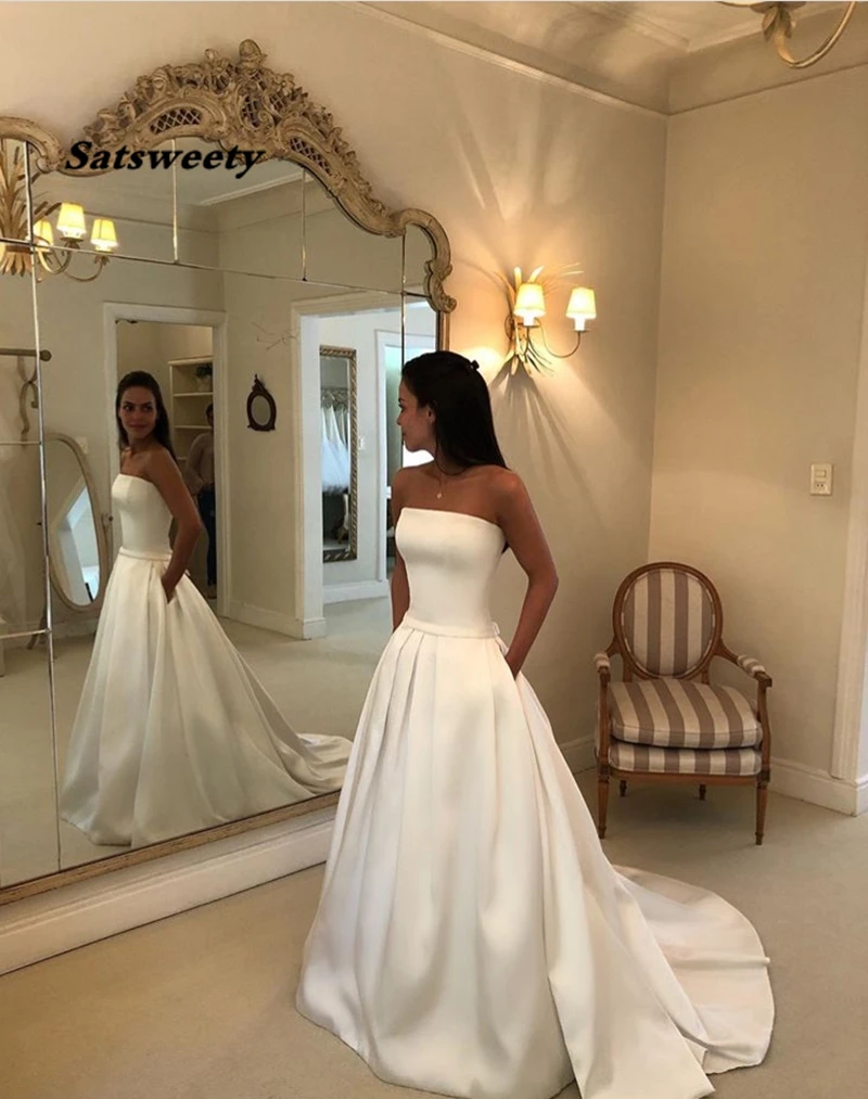 Top Quality Simple Boho A-line Wedding Dresses Strapless Satin Draped Bridal Dress Bow Sashes Vestidos De Noiva Bride Dresses