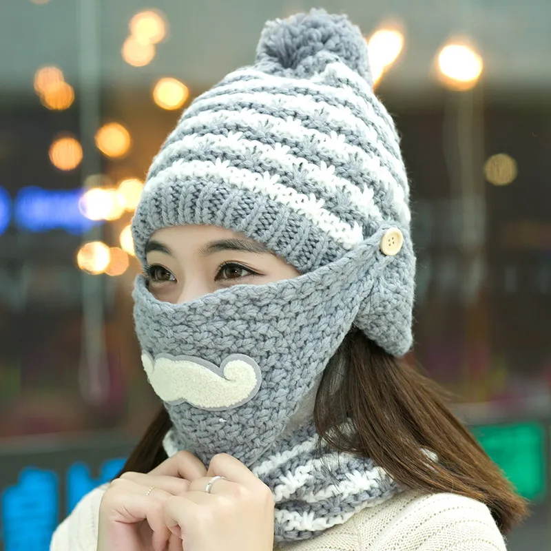 hat scarf mask sets female winter knitted hat knitted autumn and winter thermal masks cap plus velvet cycling cap ear