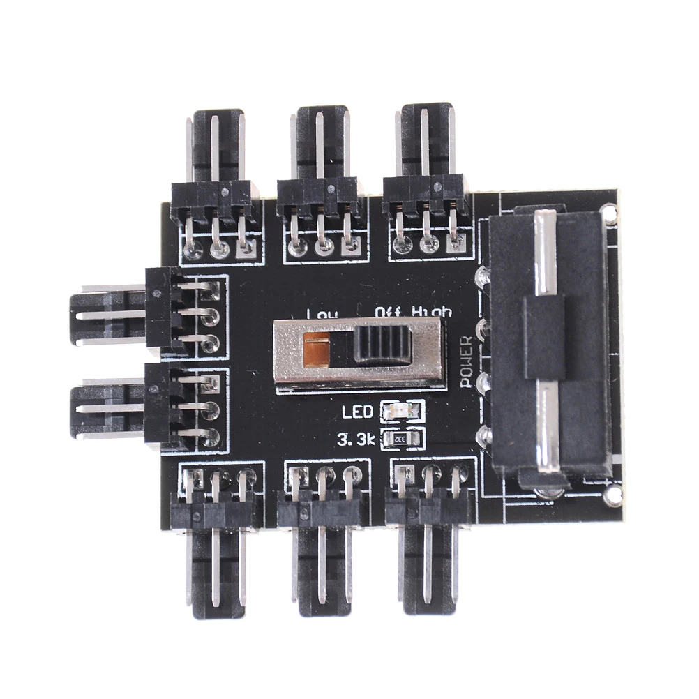 1 to 8 Way Splitter Cooler Cooling Fan Hub 3pin 12V Power Socket PCB Adapter 2 Level Speed Control PC Computer IDE Molex