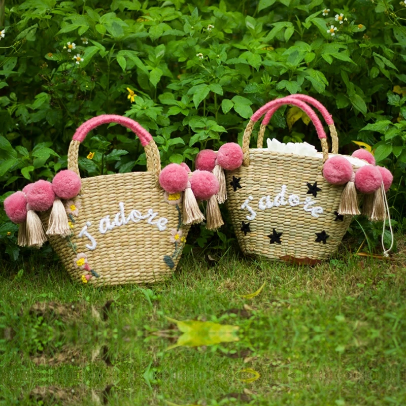 

DIY Customized name beach bag straw totes bag large Jumbo summer bags embroidery flower women letter Flora handbag new arrivals