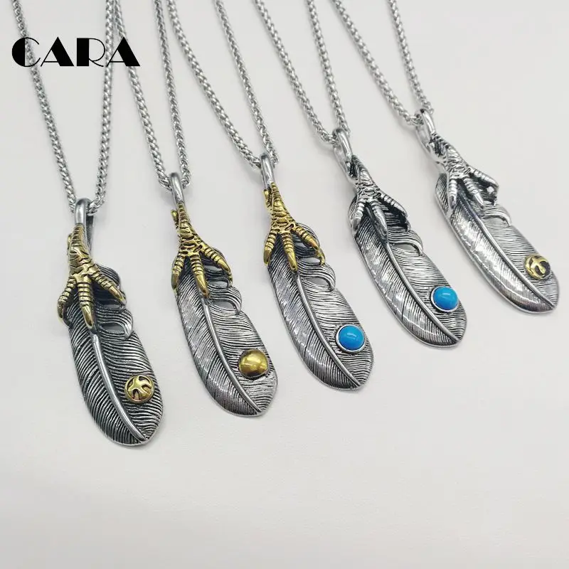 

2019 New Feather necklace 2 tone 316L Stainless steel Eagle claw & feather pendant necklace Indian elements necklace CARA0356